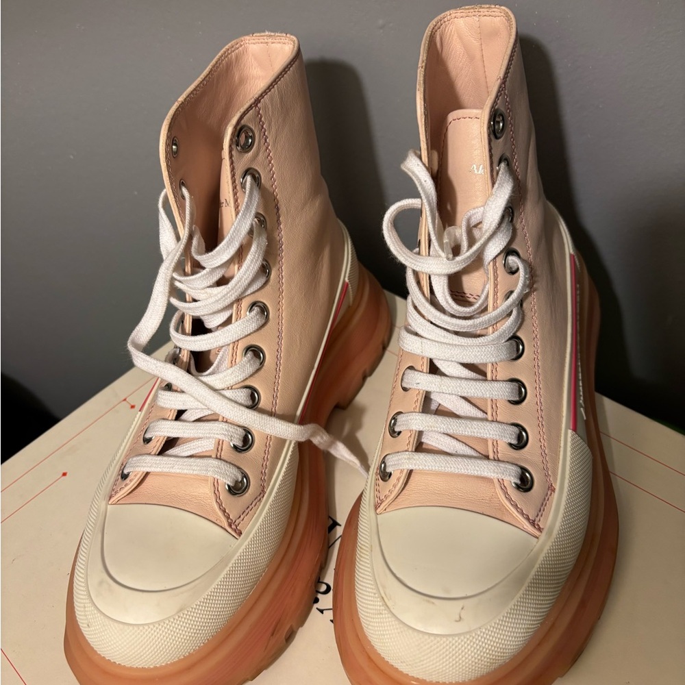 Stylish Pink and White Women's Alexander McQueen High-Top Sneakers